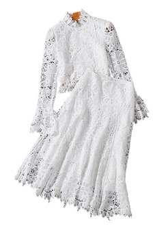 White Lace Openwork A Line Midi Skirt Suits