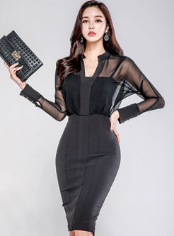 Sexy Black Transparent Gauze Patchwork Bodycon Dress