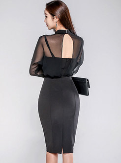 Sexy Black Transparent Gauze Patchwork Bodycon Dress