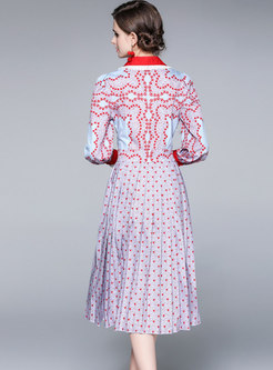 Turn-down Collar Polka Dot Print Midi Shirt Dress