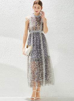 Grey Transparent Print Mesh Patchwork Bridesmaid Dress