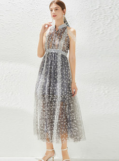 Grey Transparent Print Mesh Patchwork Bridesmaid Dress