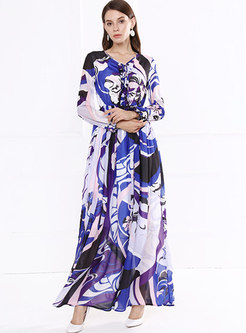 Boho Long Sleeve Print Big Hem Maxi Dress