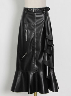 Black High Waisted PU Ruffle Peplum Skirt
