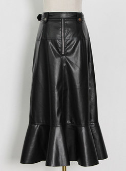 Black High Waisted PU Ruffle Peplum Skirt