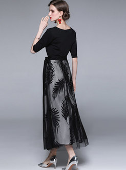 Black Half Sleeve Mesh Embroidered Party Long Dress