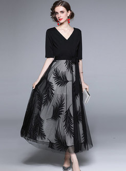 Black Half Sleeve Mesh Embroidered Party Long Dress