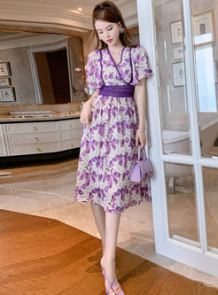 Purple Print High Waisted Chiffon Midi Dress