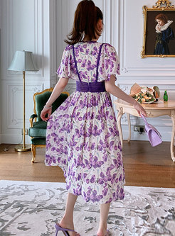Purple Print High Waisted Chiffon Midi Dress