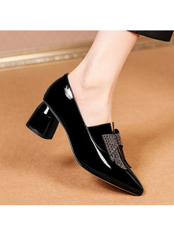 Patent Leather Bowknot Chunky Heel Shoes