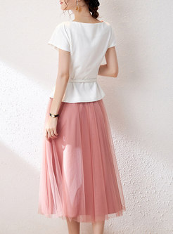 Short Sleeve Belted Blouse & Mesh Big Hem Skirt