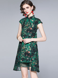 Retro Mandarin Collar Print Mini Cheongsam Dress
