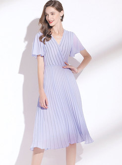 Purple Ruffle Sleeve Striped Chiffon Midi Dress