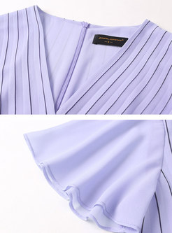 Purple Ruffle Sleeve Striped Chiffon Midi Dress