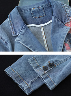 Notched Collar Embroidered Short Denim Jacket
