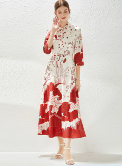 3/4 Sleeve Print Chiffon Big Hem Maxi Dress