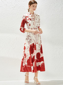 3/4 Sleeve Print Chiffon Big Hem Maxi Dress