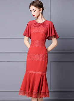 Red Lace Patchwork Shirred Peplum Cocktail Dress