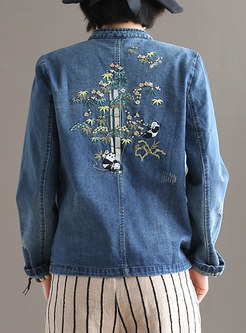 Mandarin Collar Embroidered Denim Jacket