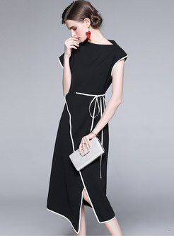 Mock Neck Color-blocked Patchwork Asymmetric Midi Dress