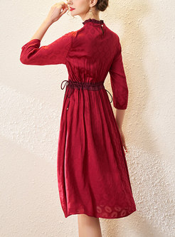 Red Mock Neck Drawstring Midi Dress