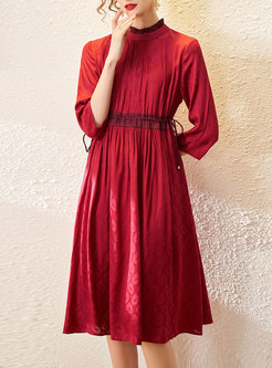 Red Mock Neck Drawstring Midi Dress