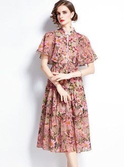 Mandarin Collar Ruffle Sleeve Print Midi Dress