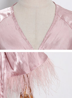 Pink Deep V-neck Fringed Wrap Party Maxi Dress