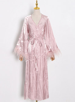 Pink Deep V-neck Fringed Wrap Party Maxi Dress