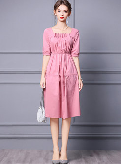 Pink Square Neck Ruched Drawstring Knee-length Dress
