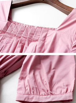 Pink Square Neck Ruched Drawstring Knee-length Dress