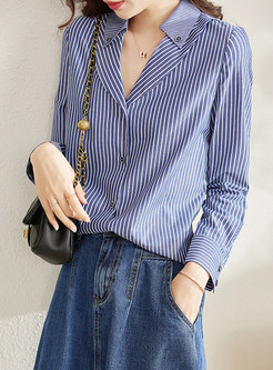 Notched Collar Striped Single-breasted Blouse