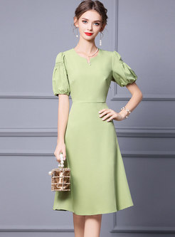 Green Puff Sleeve A Line Knee-length Dress