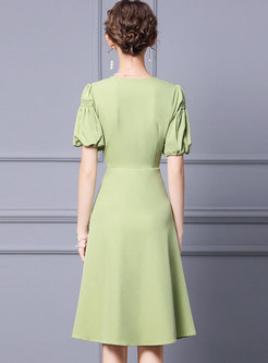 Green Puff Sleeve A Line Knee-length Dress