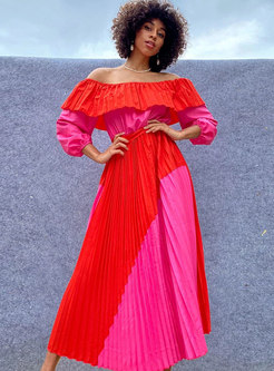 Off-the-shoulder Color-blocked Pleated Maxi Dress
