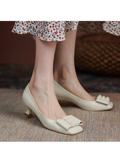 Brief Square Toe Bowknot Low-fronted Heels