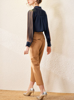 Turn-down Collar Ruched Blouse & High Waisted Dress Pants