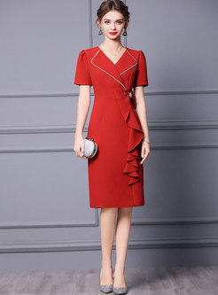 Red Lapel Beaded Ruffle Patchwork Bodycon Dress