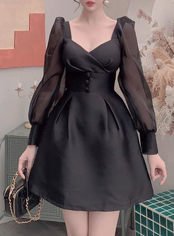 Black Sexy Square Neck Long Sleeve Cocktail Dress