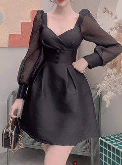 Black Sexy Square Neck Long Sleeve Cocktail Dress