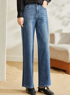 Casual Blue High Waisted Wide Leg Jeans