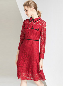 Wine Red Lace Openwork A Line Cocktail Dress