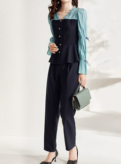Color-blocked Patchwork High Waisted Pant Suits