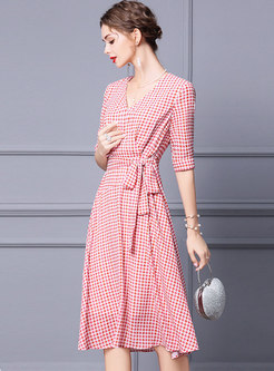 Red Casual Houndstooth High Waisted Wrap Dress