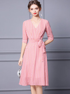 Red Casual Houndstooth High Waisted Wrap Dress