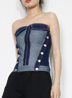 Color-blocked Buttons Embellished Tube Top
