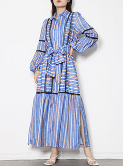 Turn-down Collar Lantern Sleeve Striped Maxi Dress