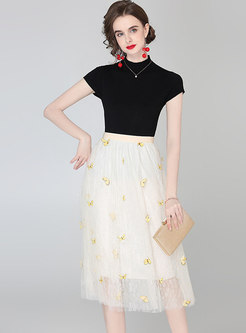 Mock Neck Cap Sleeve Knit Top & Mesh Embroidered Midi Skirt