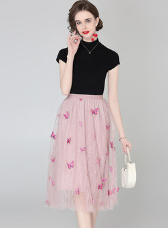 Mock Neck Cap Sleeve Knit Top & Mesh Embroidered Midi Skirt
