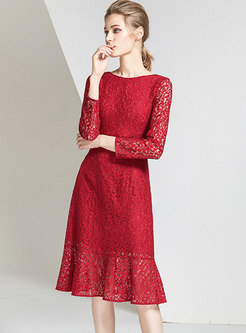 Red Long Sleeve Openwork Sheath Peplum Dress